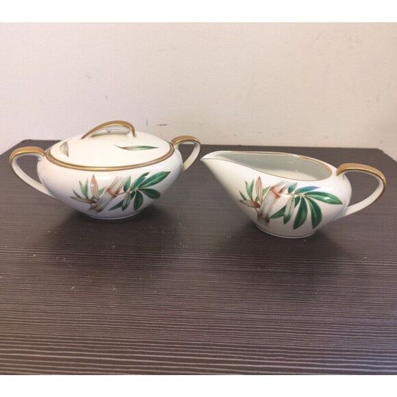Vintage MCM Noritake China Canton Bamboo #5027  Creamer & Lidded Sugar Bowl Set - Picture 1 of 10